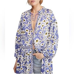 Free People - Love Letter Floral Tunic Top Blue White Sz S
